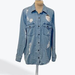 Forever 21 Distressed Denim Shirt Blue Button Down Long Sleeve Womens Size Small